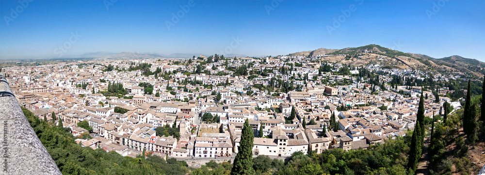 Panoramic of Albaycin quarter viewed from the Alhambra in Granada, Spain.