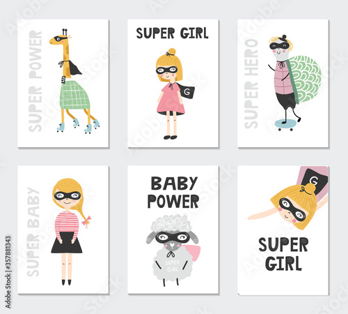 Set of children's posters with superhero characters, animals and lettering. Clip art collection, vector illustration.