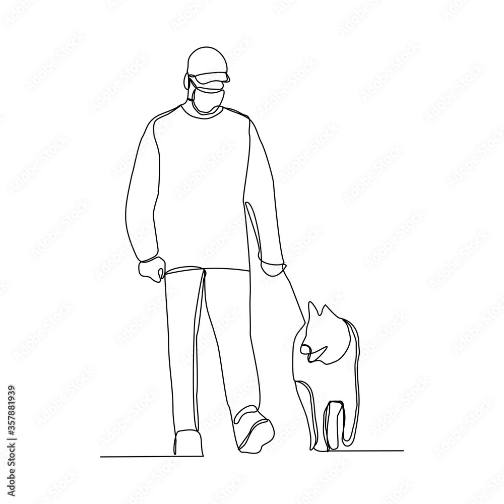 Continuous line drawing of man wearing mask walking with pet. Vector illustration Continuous line drawing of man wearing mask walking with pet. Vector illustration