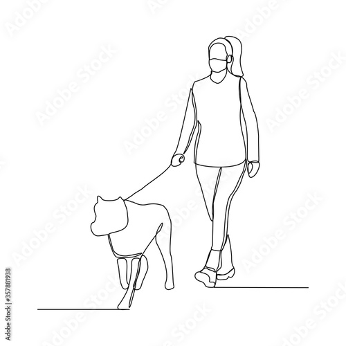 Continuous line drawing of woman wearing mask walking with pet. Vector illustration