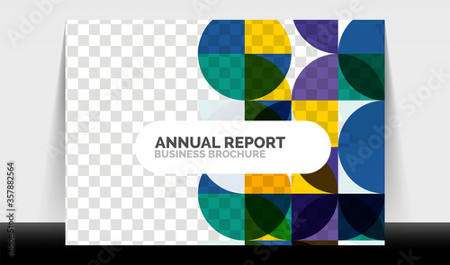 Horizontal A4 business flyer annual report template, circles and triangle style shapes modern geometric design for brochure layout, magazine or booklet