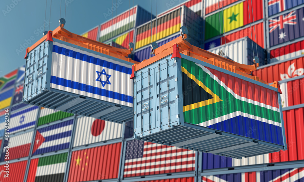 Freight containers with Israel and South Africa flag. 3D Rendering 