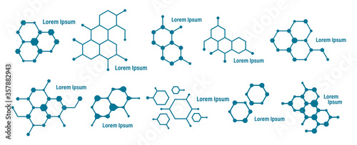 Set of molecule badge. Connected hexagonal molecule badge. Molecular structure. DNA connect diagram. Medical label or icons. Vector illustration.