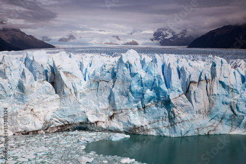 beautiful and dramatic front view of the perito moreno glacier, Argentina. White and blue ice. Climate change, environment context. travel and tourism context