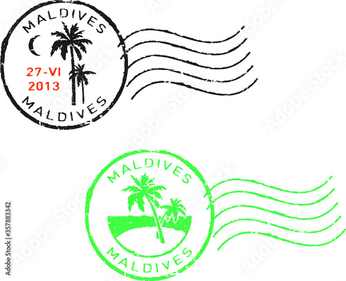 Two postal grunge stamps ''Maldives''. White background.