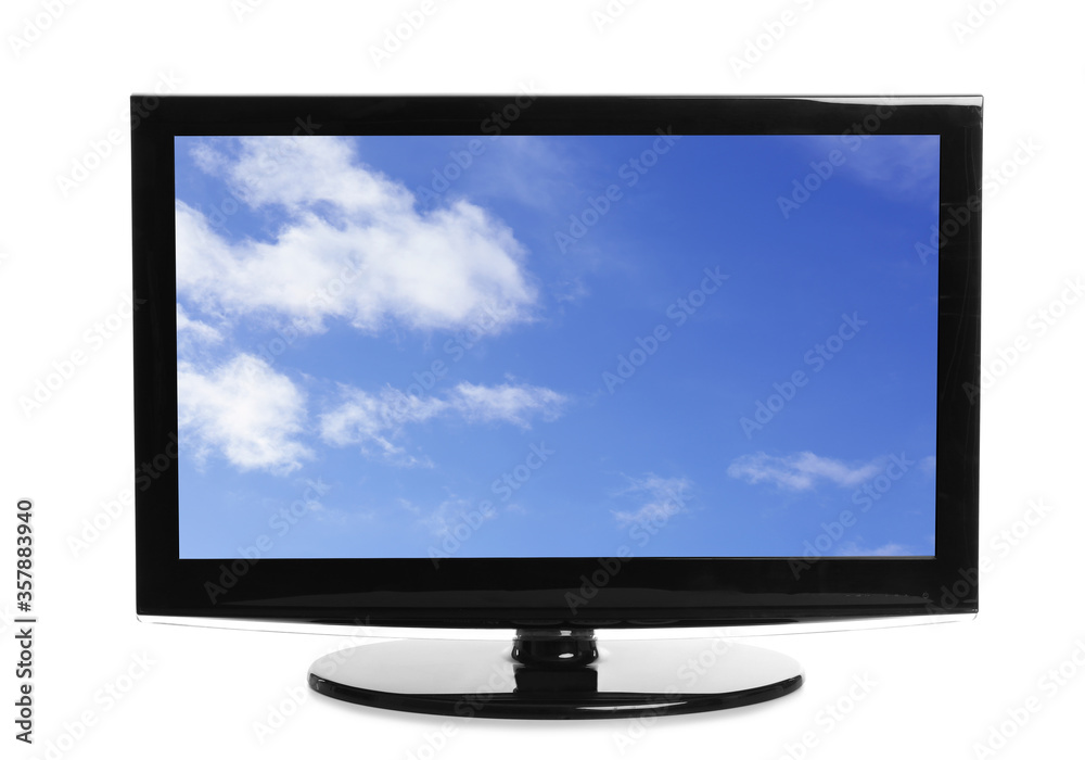 Modern plasma TV with skyscape on screen against white background Modern plasma TV with skyscape on screen against white background
