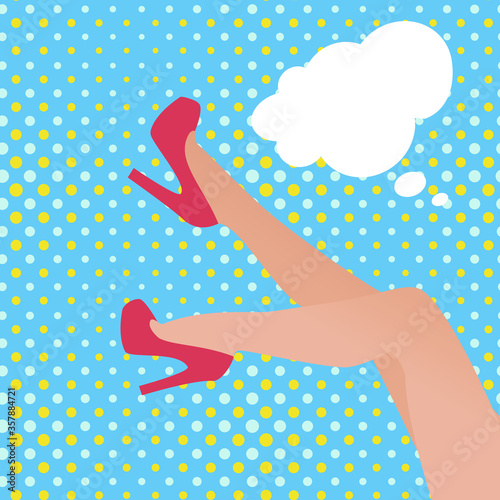 Sexy woman's legs girl lady in front wearing high heels, yellow and white dotted polka dot pop art pattern background with speech bubble text box omg wow expression sale discount banner
