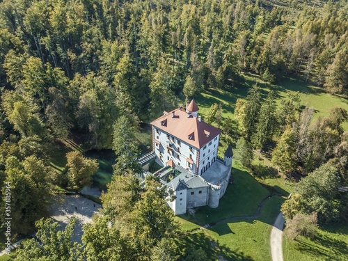 Aerial shot of the beautiful SneÅ¾nik white castle in Slovenia