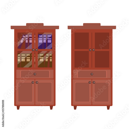 Bookcase with books and empty isolated on a white background. Furniture for the library. Vector illustration in flat style
