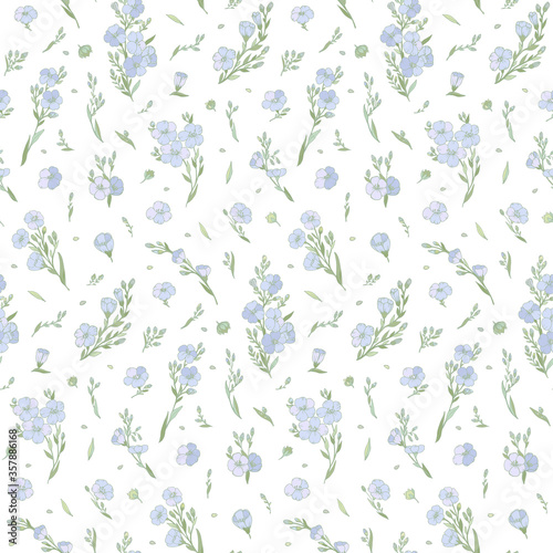 Linen seed and Flax flower on thin stem hand drawn sketch pattern. Pastel colors 