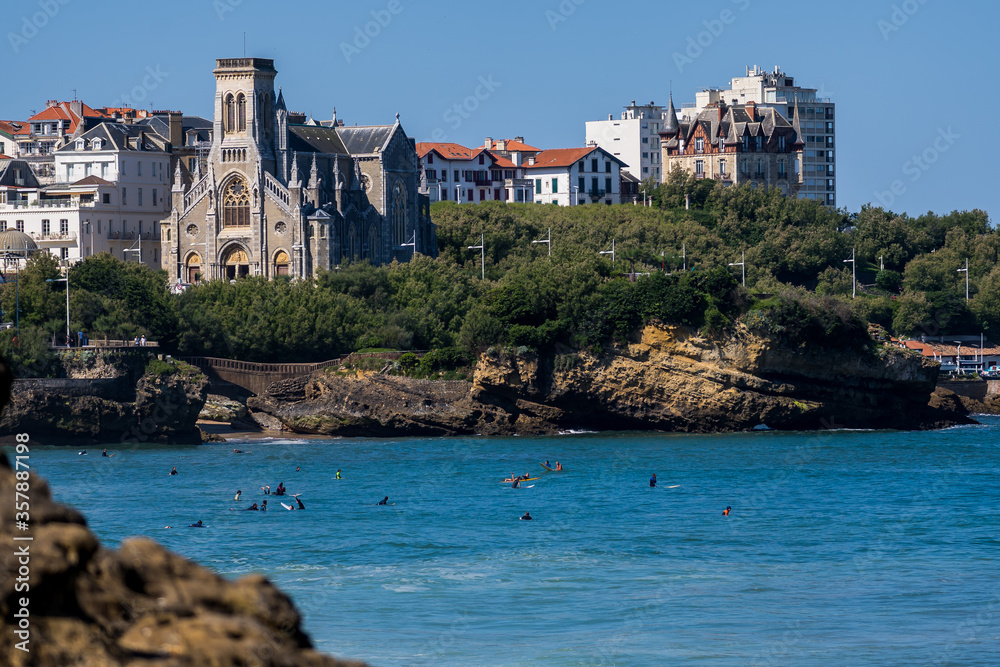 Biarritz, France. 28.05.2020. City of surfing. Urban architecture, city skyscraper, downtown. Vacation, holiday. Scenic travel background. View beach scene.
