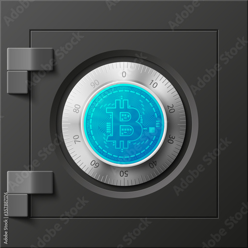 HUD Golden bitcoin armored box. Digital currency steel safe money. Technology bitcoin mining worldwide network. Web banner gold bitcoin combination lock bit coin. Cryptocurrency technology coins money
