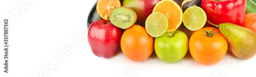 Vegetables and fruits isolated on a white background. Wide photo. Free space for text.