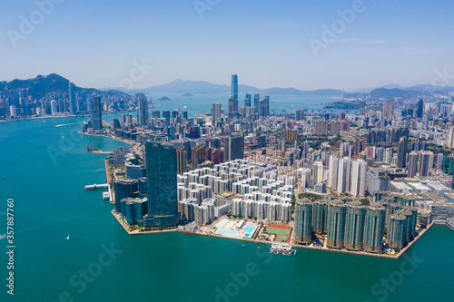 Photography Drone fly over Hong Kong city