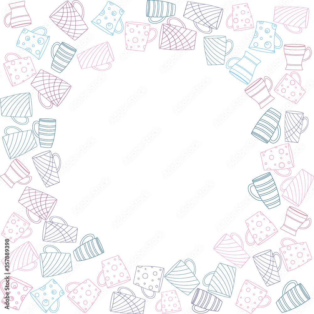 Cups. Frame, blue, pink cups. White background. Design for postcards, cover, background, wallpaper. Cups. Frame, blue, pink cups. White background. Design for postcards, cover, background, wallpaper.