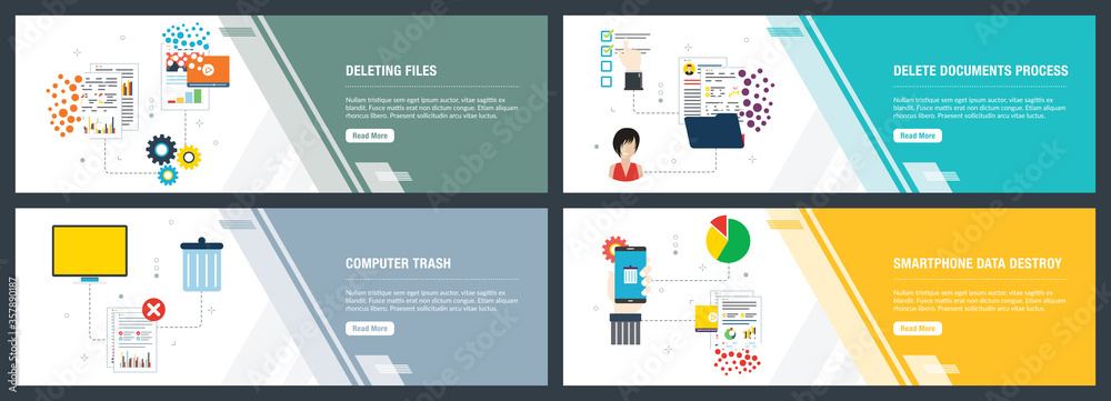 Vector set of vertical web banners with deleting files, delete documents, computer trash and smartphone data destroy. Vector banner template for website and mobile app development with icon set.