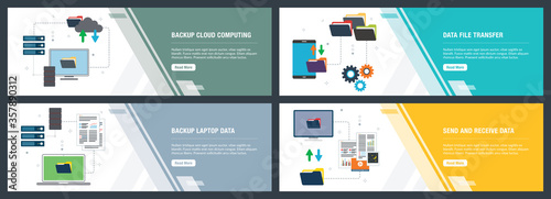 Vector set of vertical web banners with backup cloud computing, backup laptop data, send and receive data.Vector banner template for website and mobile app development with icon set.