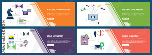 Vector set of vertical web banners with communication, strategy email sending, newsletter and safety send email.Vector banner template for website and mobile app development with icon set.