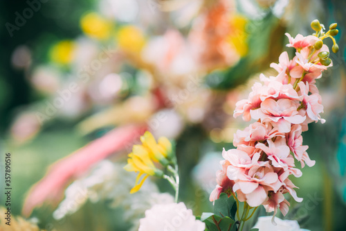 Wall floral decorations of roses and hydrangeas. Luxury floral compositions