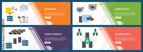 Vector set of vertical web banners with data network, computer server, storage technology and database security. Vector banner template for website and mobile app development with icon set.