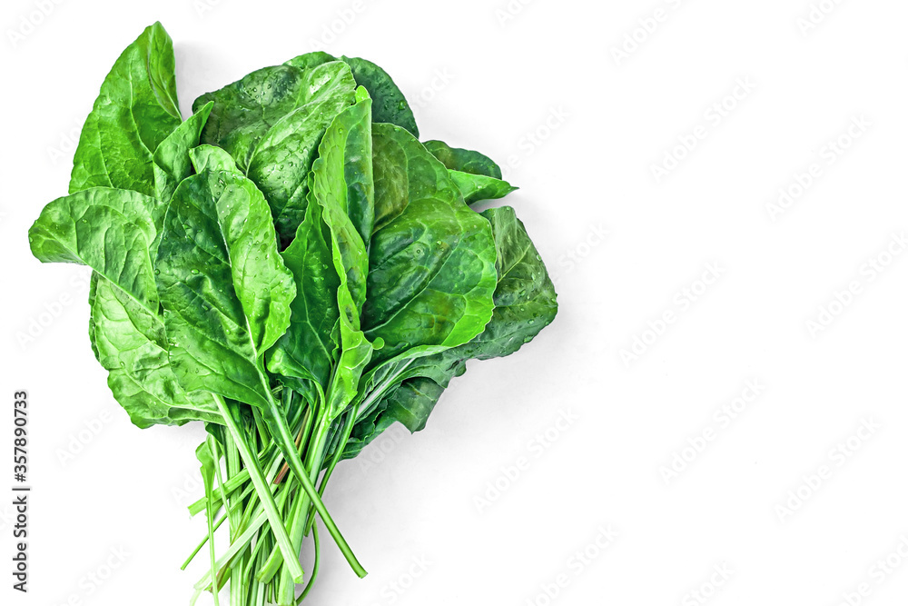 Fresh organic Swiss Silverbeet chard or spinach leaves with drops of water on white background. Healthy eating concept. Top view. Copy space Fresh organic Swiss Silverbeet chard or spinach leaves with drops of water on white background. Healthy eating concept. Top view. Copy space