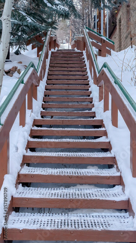 Vertical crop Grate metal stairway amid trees and building on scenic snowy hill in winter
