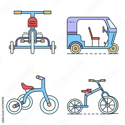 Tricycle icon set. Outline set of tricycle vector icons thin line color flat isolated on white