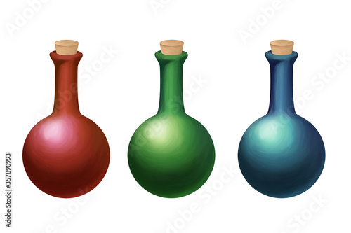 Glass bottles potion set. Drawn clip on white background