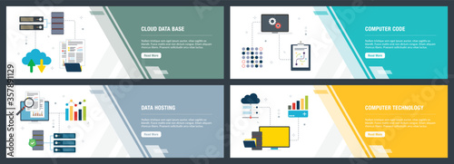 Vector set of vertical web banners with cloud data base, computer code, data hosting and computer technology. Vector banner template for website and mobile app development with icon set.