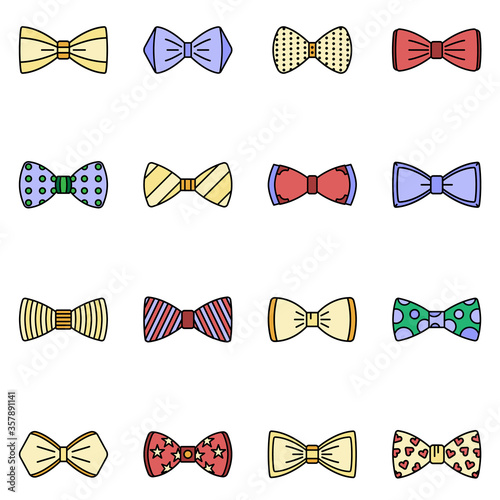 Bowtie icon set. Outline set of bowtie vector icons thin line color flat isolated on white