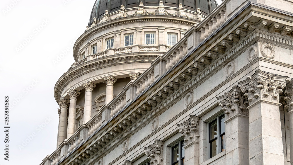 Panorama Utah State Capital building exterior with classical architecture and dome