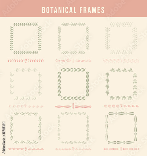Set of 9 simple, hand drawn botanical frames. Decorative outline elements. Vector floral squares and lines in minimalist style. Elegant nature wreaths with leaves. For weedding, invitation, etc