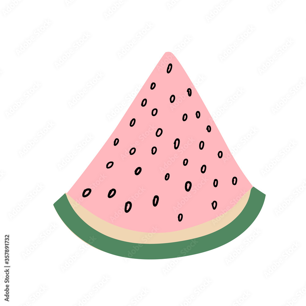 Hand drawn pink slice of watermelon. Doodle watermelon print. Summer design fruit element isolated on white background. Vector stock illustration Hand drawn pink slice of watermelon. Doodle watermelon print. Summer design fruit element isolated on white background. Vector stock illustration