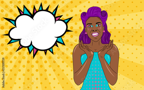 Happy smiling pop art pin up selling black woman with pink purple hair, dotted yellow background with speech bubble