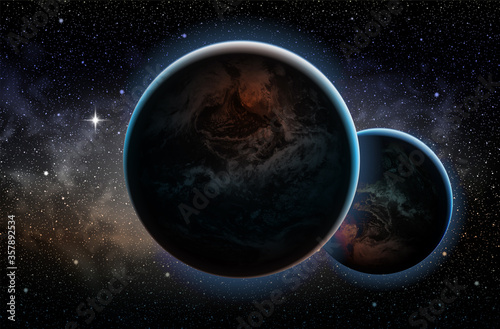 Two planets on a background of the starry sky. Realistic illustration.