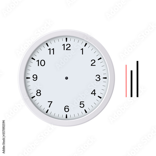 White blank round clock face with hour, minute and second hands isolated. Vector illustration