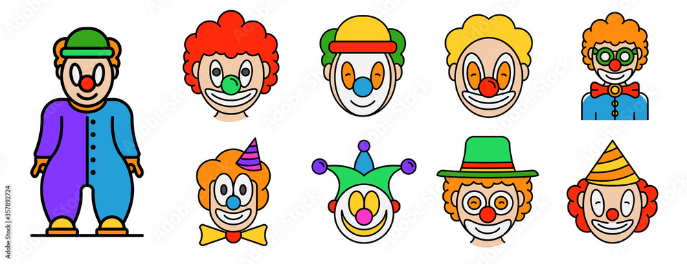 Clown icons set. Outline set of clown vector icons thin line color flat isolated on white
