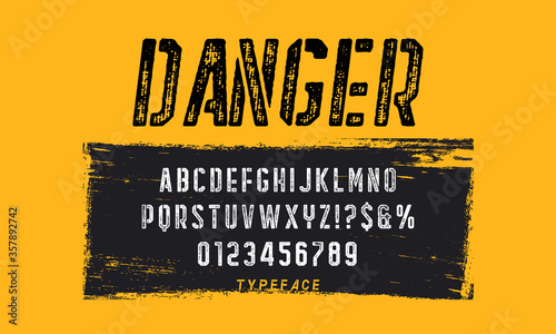 Stencil sans serif font. Typeface design for titles and signs. Letters with shabby texture.