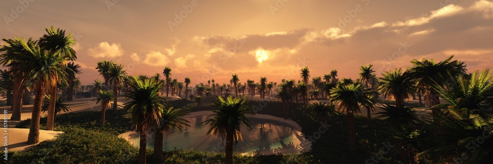 Obraz premium Palm grove in the sand desert at sunset, 3D rendering