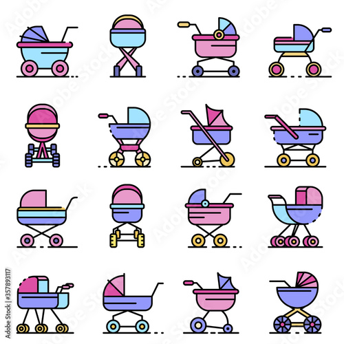 Pram icons set. Outline set of pram vector icons thin line color flat isolated on white