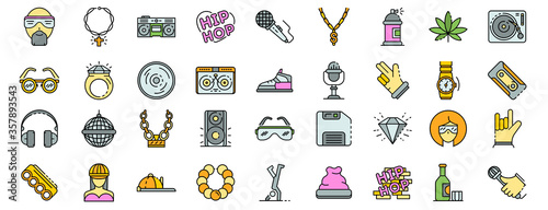 Hiphop icon set. Outline set of hiphop vector icons thin line color flat isolated on white