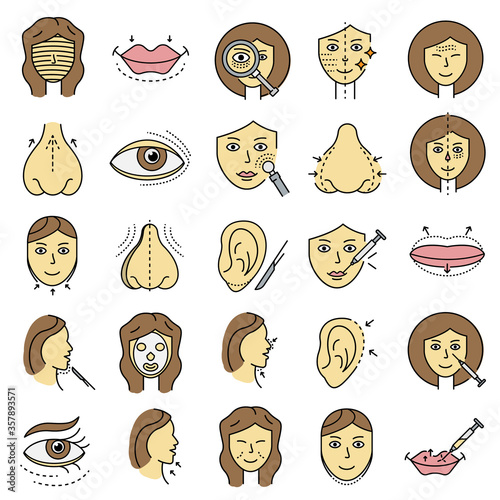 Lifting facial icons set. Outline set of lifting facial vector icons thin line color flat isolated on white