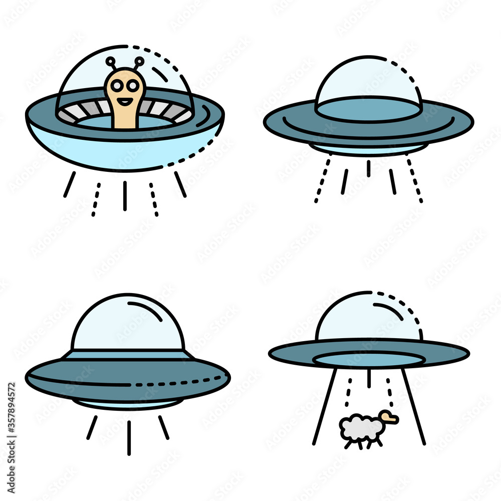 UFO icons set. Outline set of UFO vector icons thin line color flat isolated on white UFO icons set. Outline set of UFO vector icons thin line color flat isolated on white
