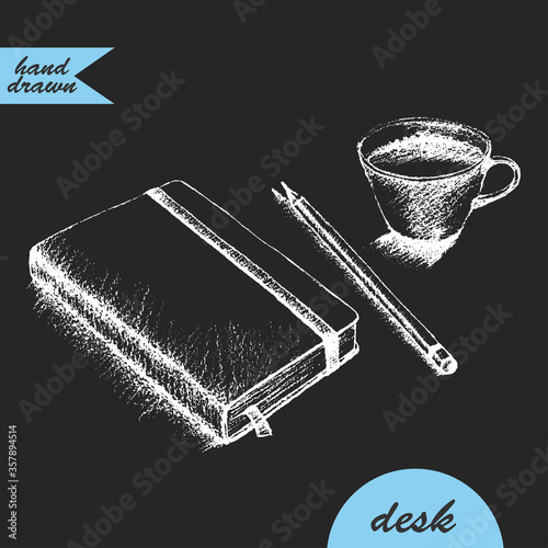 Hand drawn chalk sketch of notebook, pencil and coffee cup.