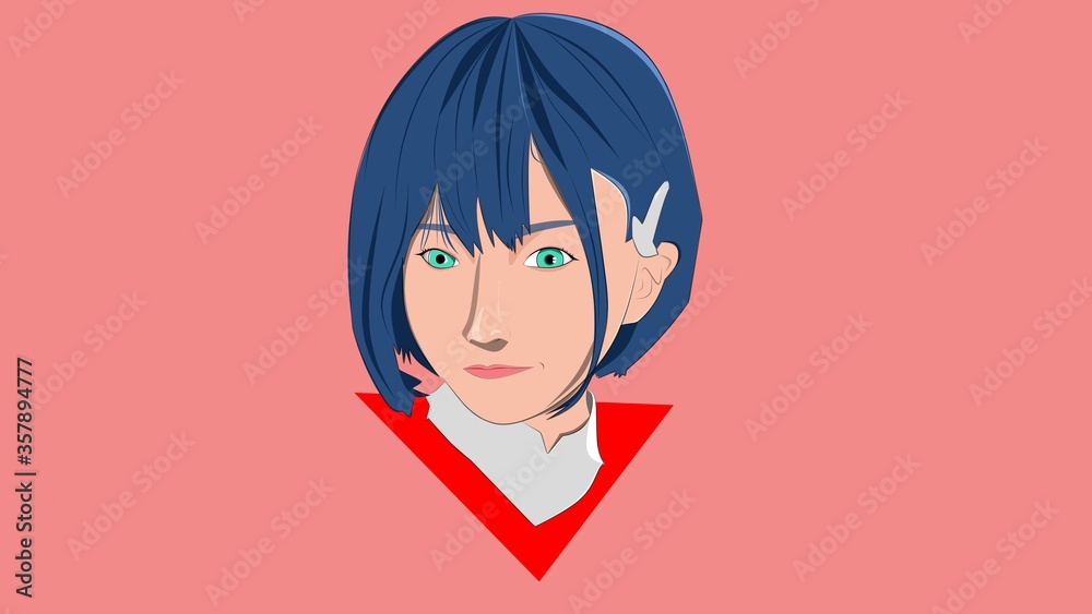 young woman with blue hairs and pink background