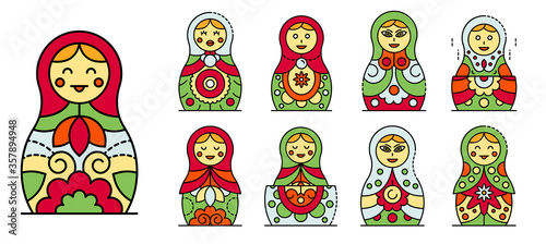 Nesting doll icons set. Outline set of nesting doll vector icons thin line color flat isolated on white