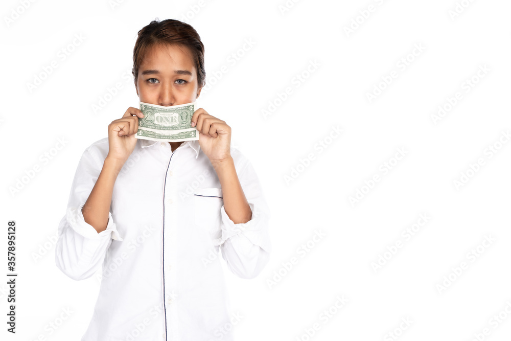 Asian woman in white shirt holding dollar banknote place on her mouth, isolated on white background Asian woman in white shirt holding dollar banknote place on her mouth, isolated on white background