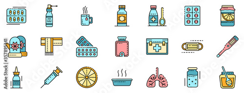 Flu sick icons set. Outline set of flu sick vector icons thin line color flat isolated on white