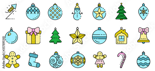 Christmas tree toys icons set. Outline set of Christmas tree toys vector icons thin line color flat isolated on white