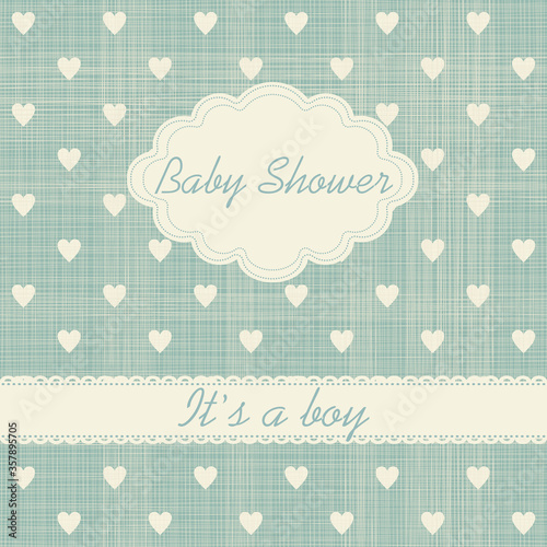 Editable template for a birthday card with hearts pattern. Baby shower invitation "It's a boy".